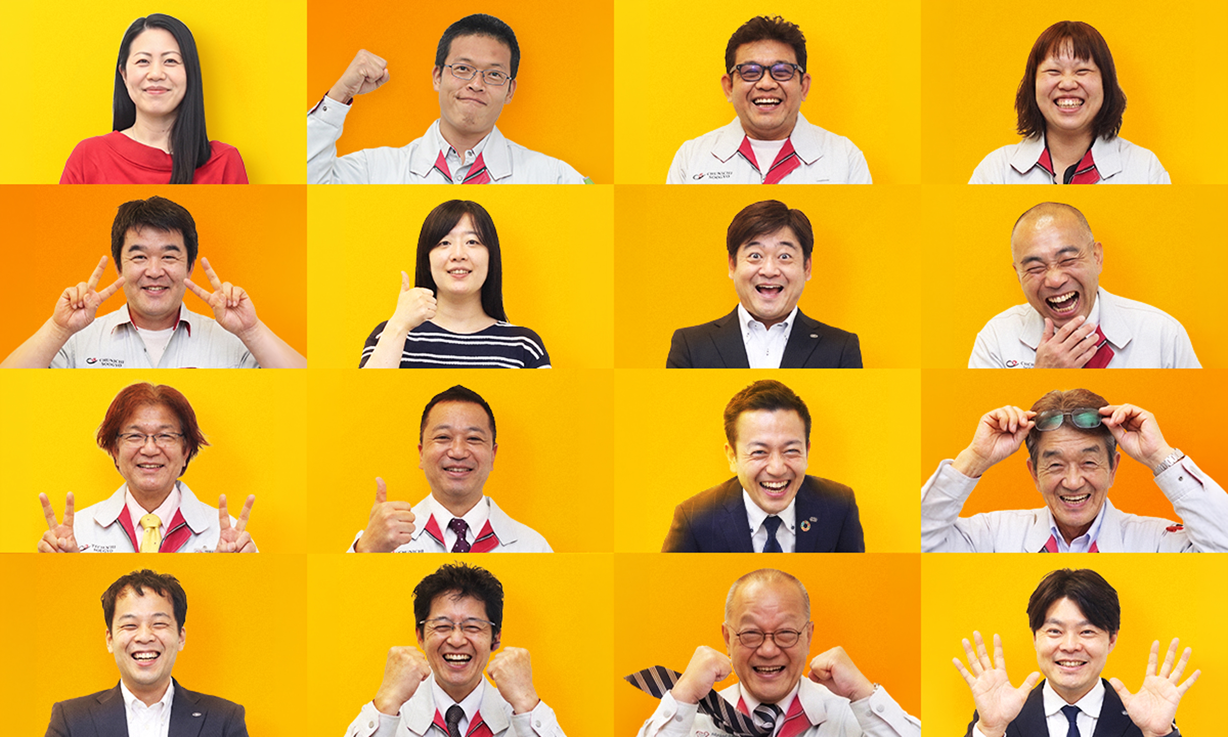 中日裝業スタッフが笑顔で写るポートレート写真が並んでいる